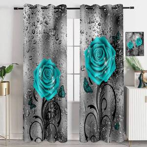 lot 20254 image: EOTDMS Teal Rose Curtains 84 inch Length Blue Floral Raindrops Turquoise Gray Art Blackout Curtains for Living Room Bedroom Thermal Insulated Drapes 42x84 Inches 2 Panels