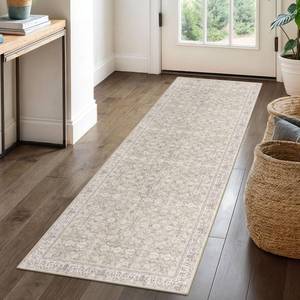lot 20258 image: SIILOOM 2x6 Washable Runner Rug for Hallways, Cream Beige Yellow White Grey Soft Neutral Vintage Kitchen Rugs with Non-Slip, Non-Shedding Distressed Floral Rug for Bedroom Porch Laundry Entryway