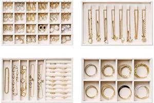 lot 20260 image: Velvet Jewelry Drawer Organizer Trays �� 4-Layer Stackable Jewelry Storage Inserts Set, Beige Jewelry Tray Set for Earrings, Rings, Necklaces, Bracelets with Removable Dividers for Dresser & Vanity