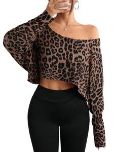 lot 20270 image: Hilinker Womens Off Shoulder Long Sleeve Crop Tops Sexy Boat Neck Loose Casual T Shirt Leopard Small