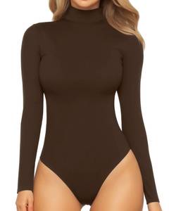 lot 20274 image: MANGOPOP Womens Mock Turtle Neck Long Sleeve Tops Bodysuit Jumpsuit Coffee Large