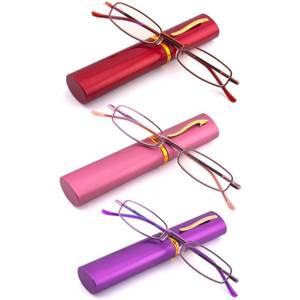 lot 20278 image: SOPHILY 3 Pack Slim Pocket Reading Glasses for Men Women Blue Light Blocking Compact Readers Spring Hinge Metal Frame, Red Pink Purple Eyeglasses with Portable Pen Clip Tube Case, 1.00