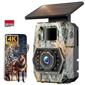 lot 20280 image: Trail Camera Sends Pictures to Cell Phone, 60MP 4K Game Camera 0.1s Trigger, Solar Trail Camera with 5200mAh Battery, IP66 Waterproof with 32GB SD Card, Trail Cam for Outdoor Wildlife Detection