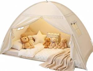 lot 1660 image: Sumbababy Toddler Twin Bed Tent Canopy Lights & Flags Indoor Kids Play Tent -Bed Canopy Toddler Teepee Tents - Girls&Boys Playhouse Privacy Space Sleeping Tents Gifts (Twin Golden Beige)