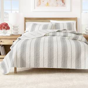 lot 1664 image: Great Bay Home Striped Quilt Set - 3-Piece FullQueen Size Farmhouse Bedding Set - Lightweight, All-Season, Reversible Bedspread (WhiteGrey)
