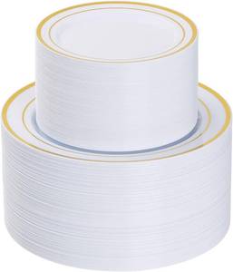 lot 1702 image: Goodluck 200PCS Gold Plastic Plates, Heavy Duty Disposable Gold Plates with 100 10.25 inch Dinner Plates and 100 7.5 inch Dessert Plates for Party, Holiday, Wedding, Thanksgiving