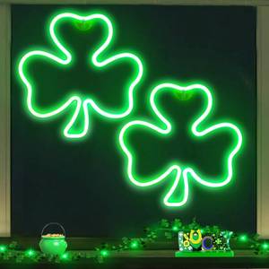 lot 2155 image: 2 Pack 11 Inch St Patricks Day Decorations Shamrock Neon Lights, Green Decor Clover Window Lights with 2 Hooks, USB Powered St. Patricks Day Lighted Shamrocks for Party Wall Bedroom Indoor Outdoor