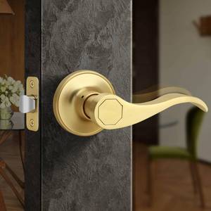 lot 2166 image: Moquin Passage Wave Style Gold Door Handles (No Lock and Key), Non-Locking Reversible Gold Door Handles for Hallway and Closet, Satin Brass