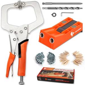 lot 3277 image: Pocket Hole Jig System Kit, Pocket Screw Jig with 11 Inch Clamp, Square Driver Bit, Hex Wrench, Depth Stop Collar, Step Drill Bit, Coarse Square Driver Screws, All In One for Joinery Work
