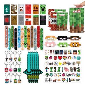 lot 4161 image: 120 PCS Party Favors for Pixel Theme Birthday Party Supplies, Goodie Bag Stuffers Favors includes 50 Stickers, 12 Gift Bags,12 Wristbands,12 Keychains,10 Sword Foil Balloons,12 masks,12 Mini Notepads.