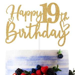 lot 4176 image: Gold Glitter Happy 19th Birthday Cake Topper, Cheers to 19 YearsLevel 19 Unlocked, Funny 19th Birthday Party Decorations Supplies