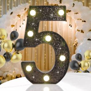 lot 4184 image: IFDGCTK Decorative LED Light up Number 5, Glitter Black Marquee Number Lights Sign for 5th 15th 50th Birthday Party, Home, Bar, Graduation, Wedding, Anniversary, Battery Operated Black Decoration 5