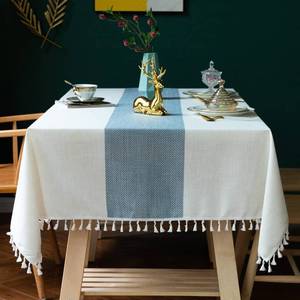 lot 4206 image: JIALE Tablecloths for Rectangle Tables,Cotton Linen Table Cloth Waterproof Tablecloth Wrinkle Free Farmhouse Dining Tables Cover,Soft Fabric Table Cloths with Tassels, Blue,55 X 70,4-6 Seats