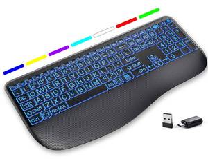 lot 4221 image: Large Print Backlit Wireless Keyboard �� Ergonomic Keyboards with Wrist Rest, 7-Color Light up, Quiet Low Profile Keys, 2.4G Wireless Rechargeable Full Size Keypad for Computer Laptop Windows, Black