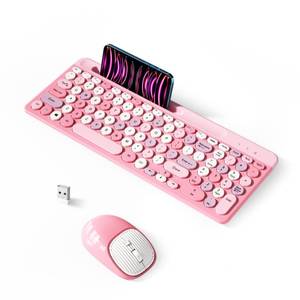 lot 4235 image: Retro Wireless Keyboard with Round Keycaps, 2.4GHz Full-Size USB Cute Wireless Keyboard Mouse for Computer, Desktop, Laptop and Computer (Pink-Colorful)