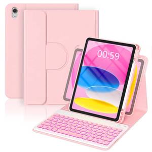 lot 4243 image: YBING Keyboard Case for iPad 11th Generation 2025 & 10th Generation 2022, 360 Rotating Magnetic Cover with 7-Color Backlit Wireless Detachable Keyboard with Pencil Holder for iPad A16 11 (Pink)