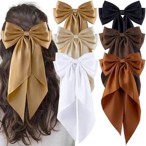 lot 4261 image: hisial 6Pcs Large Bows Hair Clips for Women Girls Long Tail Hair Ribbon Silky Satin Barrettes Coquette Bows Accessories (BlackkhakiBrownWhite)