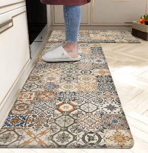 lot 5356 image: Boho Kitchen Rugs Set 2 Memory Foam Colorful Ceramic Comfort Tile Floor Mat Anti Fatigue Non-Skid PVC Runner Rug Water & Oil Proof Carpet for Kitchen Laundry Sink,17.3x2817.3x47 Inch, C3
