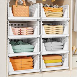 lot 5368 image: SNSLXH 5 Pack Stackable Closet Storage Basket, Multifunctional & Foldable Closet Organizer for Bathroom Kitchen Laundry Room Wardrobe Storage, Space-Saving Clothes Storage Drawer Organizer, White