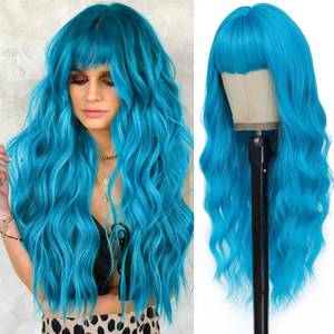 lot 6271 image: MINSEEYOO Teal Blue Wig with Bangs for Women Long Blue Wavy Wigs 26 Inch Blue Wigs Natural Looking Heat Resistant Synthetic Wig for Daily Party Use