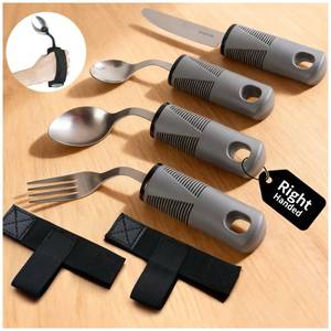 lot 6282 image: AKIMRABY Adaptive Utensils Set, 4-Piece Weighted Utensils with 2 Elastic Strap for Parkinson��s, Arthritis and Hand Tremors, Non-Slip Handles for Easy Grip & Independence, Right Handed
