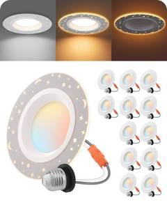 lot 6337 image: EDISHINE 12 Pack 4 in LED 700LM Recessed LED Ceiling Light Fixtures Dimmable, Can Lights, 5CCT 8W, Star & Moon Style, 27003000350040005000K