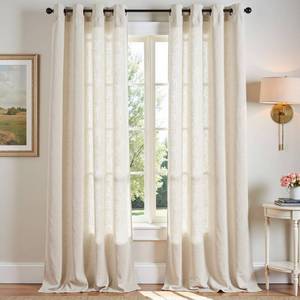 lot 6343 image: JINCHAN Linen Curtains for Living Room Beige Grommet Top Window Treatment Set for Bedroom 2 Panels 96 inches Long Crude