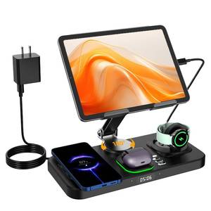 lot 6346 image: 30W Foldable Fast Wireless Charger Stand for Multiple Samsung Device & Android, 6 in 1 Charging Station for Adjustable Tablet Stand with 7-Color LightsClock,Watch Charger Only for Galaxy Watch