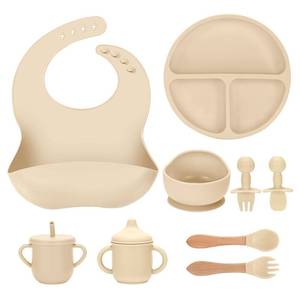 lot 6355 image: JELLDJK Silicone Baby Feeding Set 9 Pcs, Spill-Proof Suction Plate, Bowl, Bib, Silicone spoon&forks, Wooden Spoons&forks, Training cup with straw and Sippy Cup, Baby Eating Utensils (Beige)