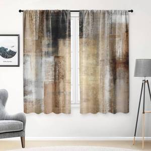 lot 6361 image: Tayney Brown Beige Painting Kitchen Curtains 63 Inch Length Grey Window Curtains Over Sink Set of 2, Contemporary Curtain for Bedroom Living Room, Abstract Kitchen Decor 42x63 Inch