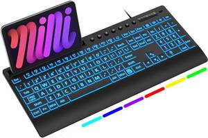 lot 6416 image: SABLUTE K31PRO Large Print Backlit Keyboard, USB Wired Computer Keyboard, with Illuminated LED Memory Function, Phone Holder & Wrist Rest, Full Size Keyboards for Windows Desktop, Laptop