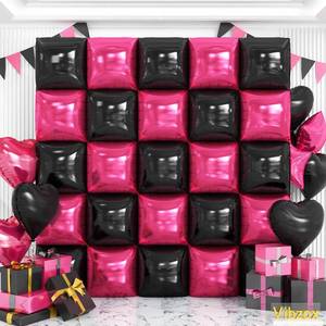 lot 6426 image: Pink and Black Square Foil Balloons Wall, Double Sided Chrome Hot Pink Black Balloons Tunnel Arch Kit Backdrop for Girl Birthday Party Wedding Engagement DIY Hula Hoop Decorations