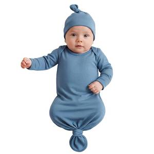 lot 6427 image: Baby Newborn Knotted Gown 0-6 Months, Super Soft Infant Long Sleeve Sleepwear for Girl and Boy, Baby Coming Home Hospital Outfit with Hat Set Blue