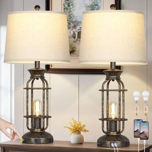lot 11610 image: 28 Vintage Table Lamps for Living Room, Industrial Farmhouse Table Lamp with USB CA Ports & Outlet, Rustic Nightstand Bedside Lamps with 2 Night Light for Bedroom End Tables Bronze, 4 Bulbs Included