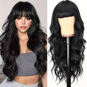 lot 11622 image: AISI HAIR ��Beginner Friendly Wigs Black Wig with Bangs Long Wavy Synthetic Wig for Women with Daily Party Use