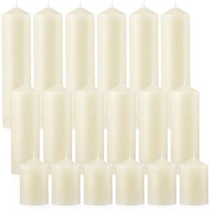 lot 11629 image: MTLEE 18 Pcs Set of 3 Pillar Candles Bulk 2 in x 3, 6, 8 Long Burning Clean Unscented Smokeless Pillar Candles for Wedding Emergency Lanterns Ceremony Party (Ivory White)