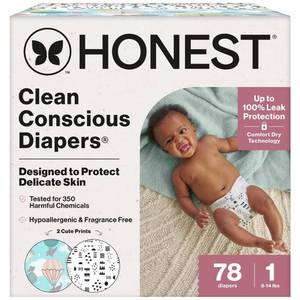lot 11651 image: The Honest Company Clean Conscious Diapers -Above it All  Pattern Play - Size 1 - 78ct 8-14 lbs, Hypoallergenic, Latex-Free