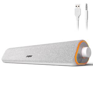 lot 11659 image: SOULION R50 Bluetooth Computer Speakers, 3.5mm PC Sound Bar for Desktop Monitor, Wired USB Powered & Colorful LED Lights with Switch Button, Surround Sound Soundbar PC Spearkers for Computer, White
