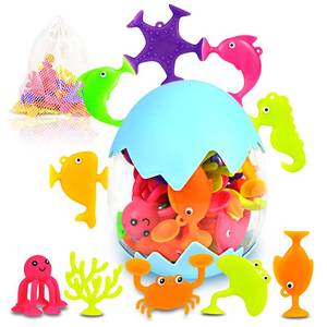 lot 12056 image: Suction Bath Toys for Kids, 18 Pcs Silicone Ocean Animal Suction Cup Toys with Eggshell & Bag, No Hole Mold Free Bath Toy, Sensory Window Building Toys for Toddlers Boys Girls 3 4 5 6 Year Old