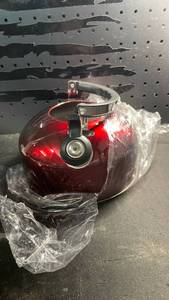 lot 12063 image: Red Stainless Steel Whistling Tea Kettle (Missing Lid)