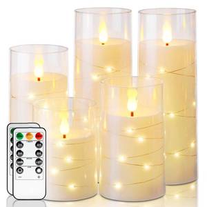 lot 12068 image: Homemory Flameless Candles with Embedded Star String Fairy Lights, Battery Operated Candles, LED Candle, Fake Candles with Remote Control and Timer, Ivory, Set of 5(H4 5 6 8 8)