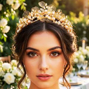 lot 12075 image: Kilshye Pearl Crown Gold Tiara Wedding Headband for Women