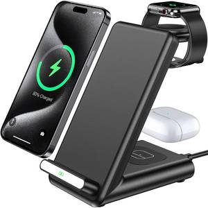 lot 12113 image: Wireless Charging Station,3 in 1 Charging Stand Made for Apple Watch Ultra 11 10 9 8 7 6 SE 5 4 3,Fast Wireless Charger Made for iPhone 17Air1615141312,for AirPods Pro(with Adapter) (Black)