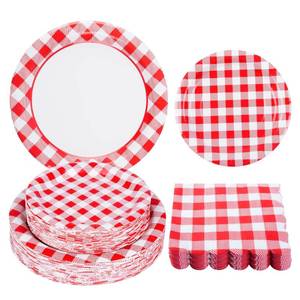 lot 12122 image: 150Pcs Christmas Red Gingham Party Supplies Red Gingham Paper Plates and Napkins Red Plaid Party Plates Disposable Red and White Checkered Plates for Christmas Birthday Family Picnic Party��Serves 50 (Missing Napkins)