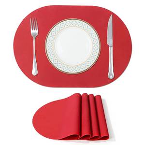 lot 12123 image: fanquare Oval Red Silicone Placemats with One Side Faux Leather Texture Placemat for Dining Table Set of 4 Non-Slip Non Scratch Kitchen Table Mats