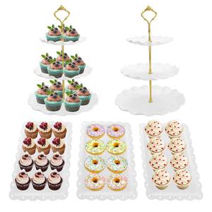 lot 12126 image: NAXIHOPT 5 Pcs Dessert Table Display Set, White Plastic 2 Pcs Round 3 Tier Cupcake Stand Cup Cake Tower Stand with Metal Rod & 3 Pcs Serving Tray for Baby Shower, Tea Party, Wedding, Birthday Party (Missing One Tray)