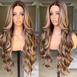 lot 12129 image: FAB�LLE Pink Highlight Wig Lace Front Wigs 30 Inch Glueless Wig Body Wave for Women Pre Plucked with Baby Hair Highlight Color Forehead Brown Highlight Synthetic Wig