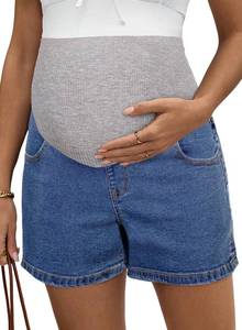lot 12131 image: BLENCOT Maternity Denim Shorts Womens Summer Over Belly Casual Comfy Pregnancy Jeans Short Sky Blue M