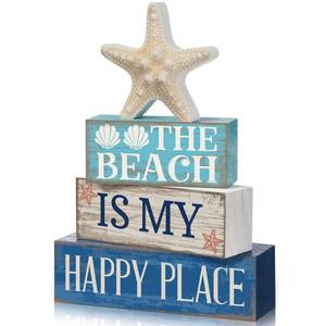 lot 12145 image: Moucuny 4 Pcs Summer Table Decoration Beach Tiered Tray Decor Starfish Coastal Rustic Wooden Block Sign Gifts Blue and White Ocean Centerpieces Farmhouse Beach Nautical Decor for Home Shelf Mantel