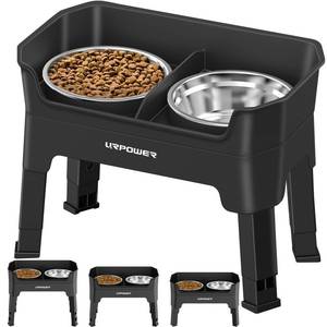 lot 12160 image: URPOWER 3-in-1 Elevated Dog Bowls - Mess Proof Double Deck 4 Height Adjustable Raised Stand with 2 Stainless Steel Food Bowls & Licking Plate for Small, Medium & Large Dogs